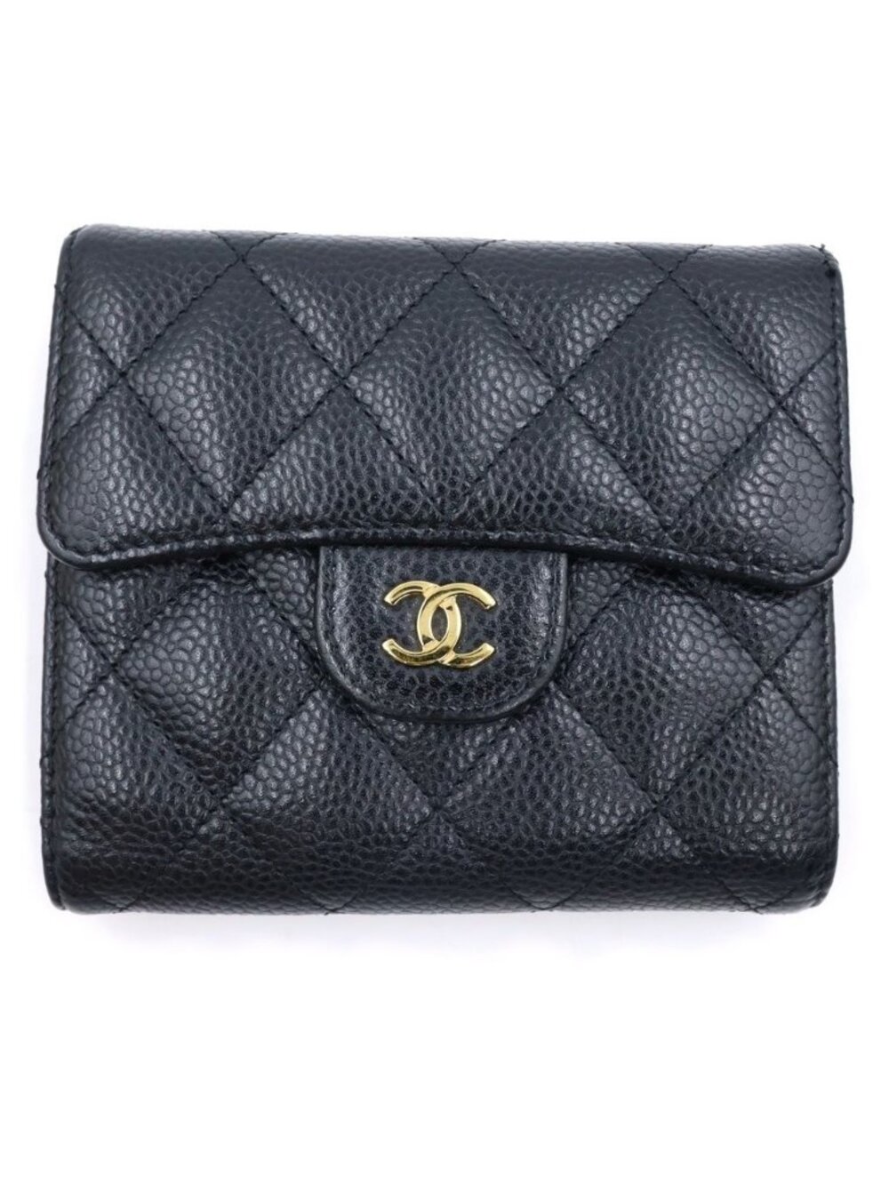 Chanel CC Logo Small Flap Wallet Trifold Coin Purse Black Caviar Leather Gold